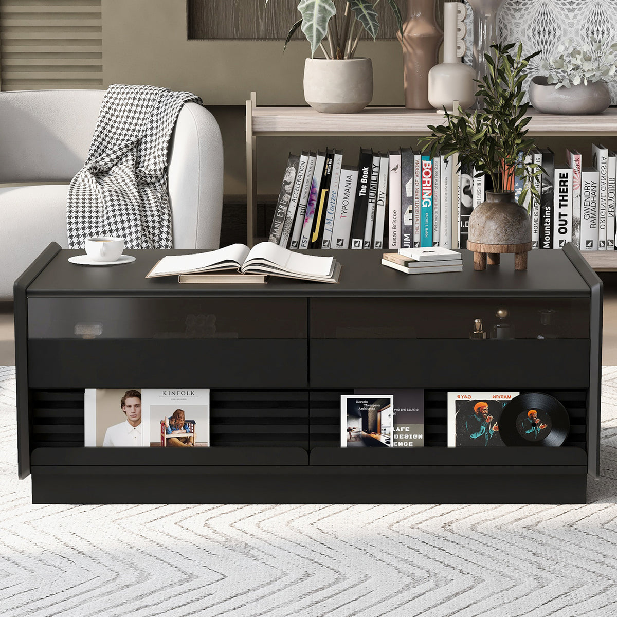 variant-group:rf-n724p286421b|Roomfitters Rectangle Coffee Table with Fluted Style, 4 Storage Compartments and Glass Display Shelves, Black