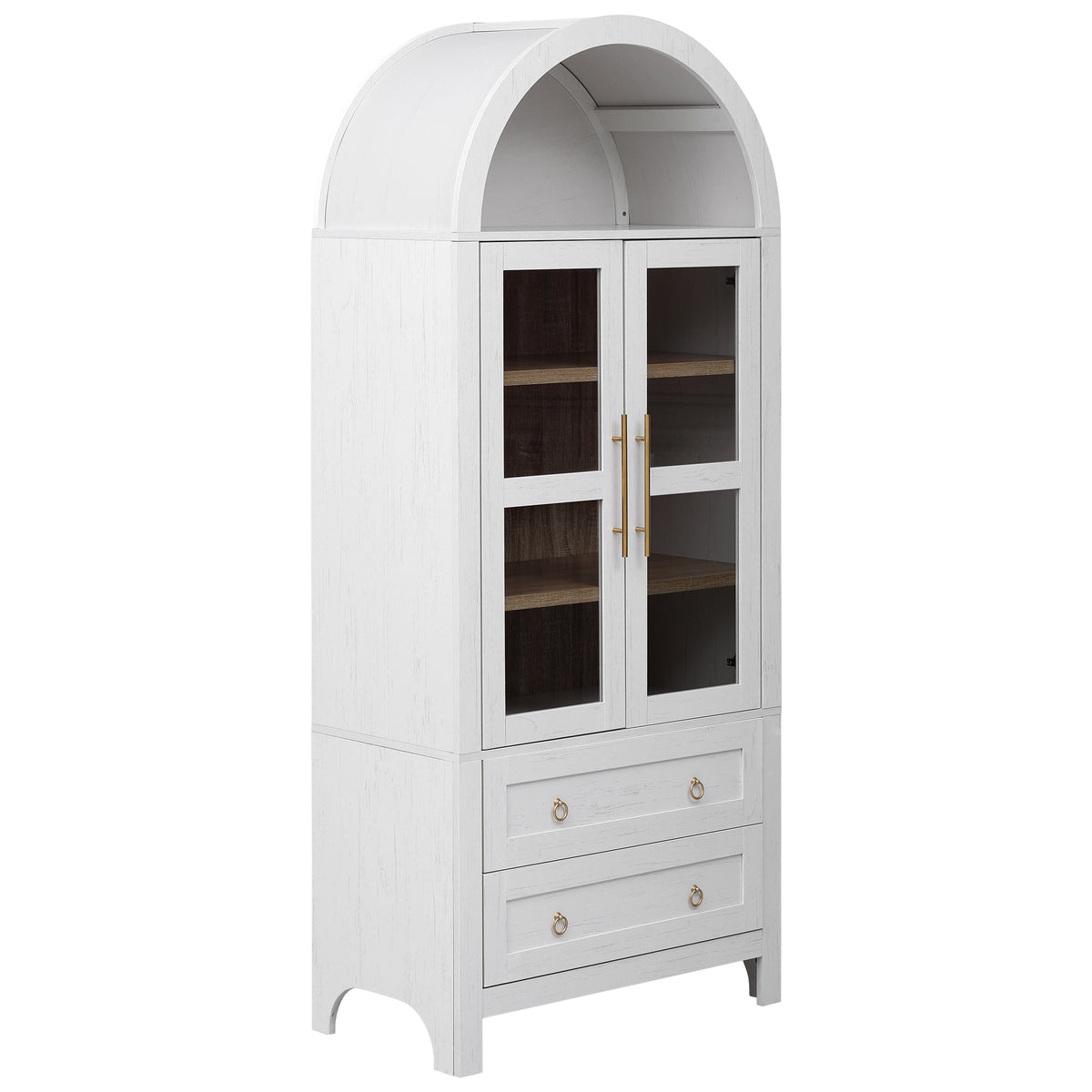 variant-group:rf-n707p288972w|Roomfitters 71" Pantry Cabinet with Arched Top and Glass Doors, 2 Storage Drawers and Adjustable Shelves for Kitchen, White