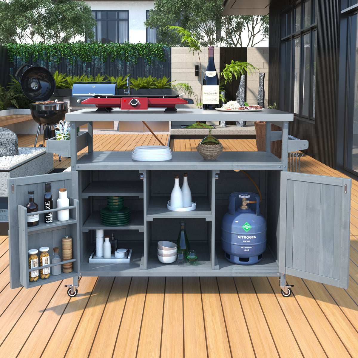 variant-group:rf-n707wf532198aag|Roomfitters Outdoor Kitchen Island Rolling Bar Cart & Storage Cabinet, Farmhouse Solid Wood Outdoor Grill Table with Stainless Steel Top, Spice Rack, Towel Rack for Kitchen & Barbecue, Grey Blue