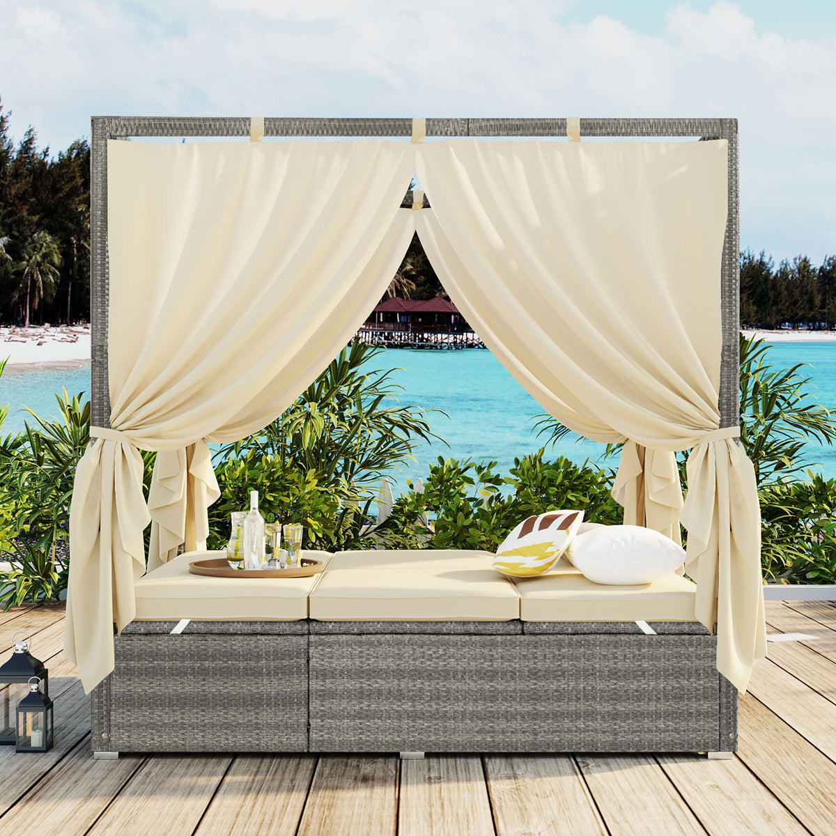 variant-group:rf-n711wy000471aaa|Roomfitters Modern Tropical Beige PE Rattan Outdoor Double Sun Lounger, Patio Daybed, Adjustable Recline, Canopy