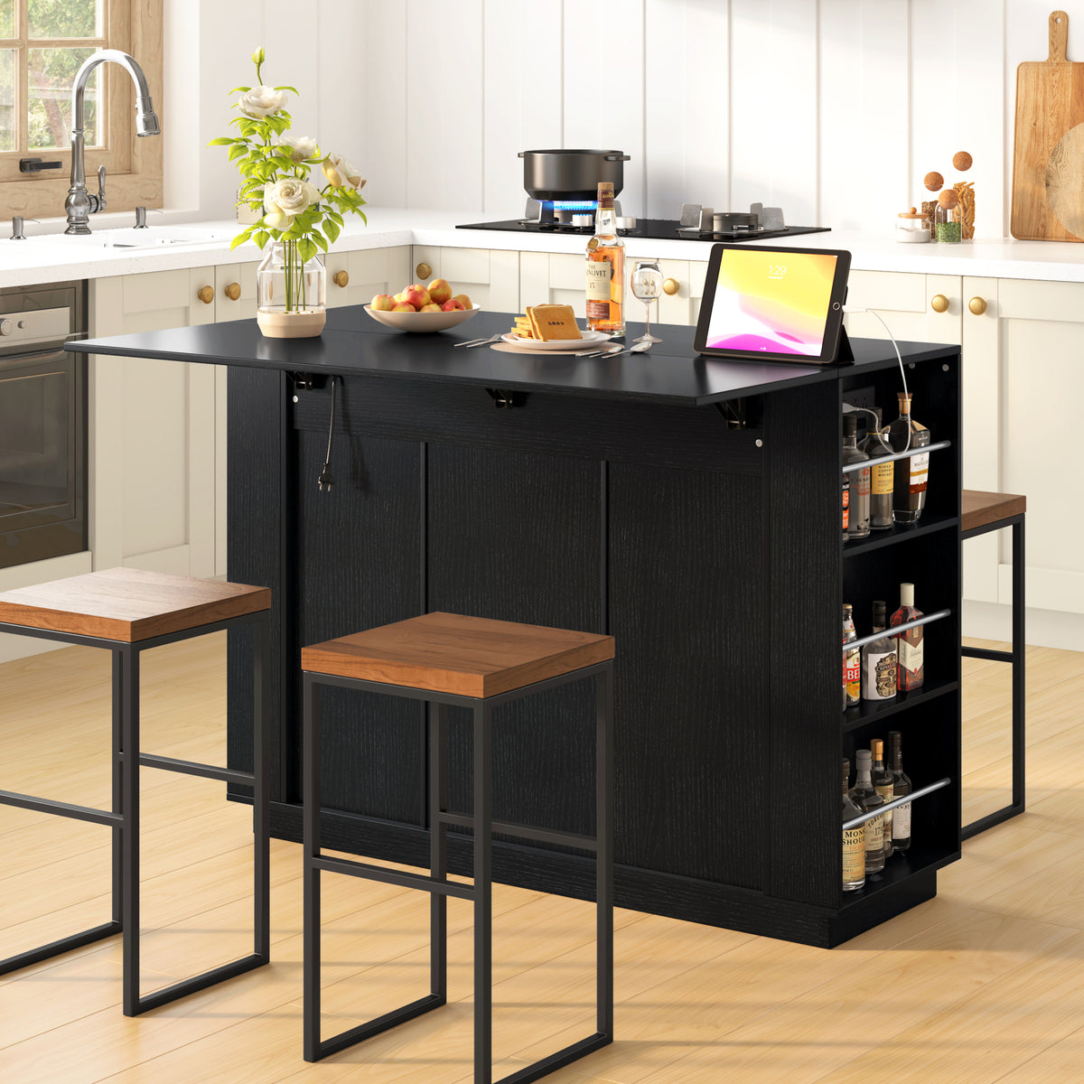 variant-group:rf-n711p437715b|Roomfitters 47.2-Inch Counter Height Bar Cabinet, Black Sideboard Buffet Table, Foldable Drop Leaf, Built-In Power