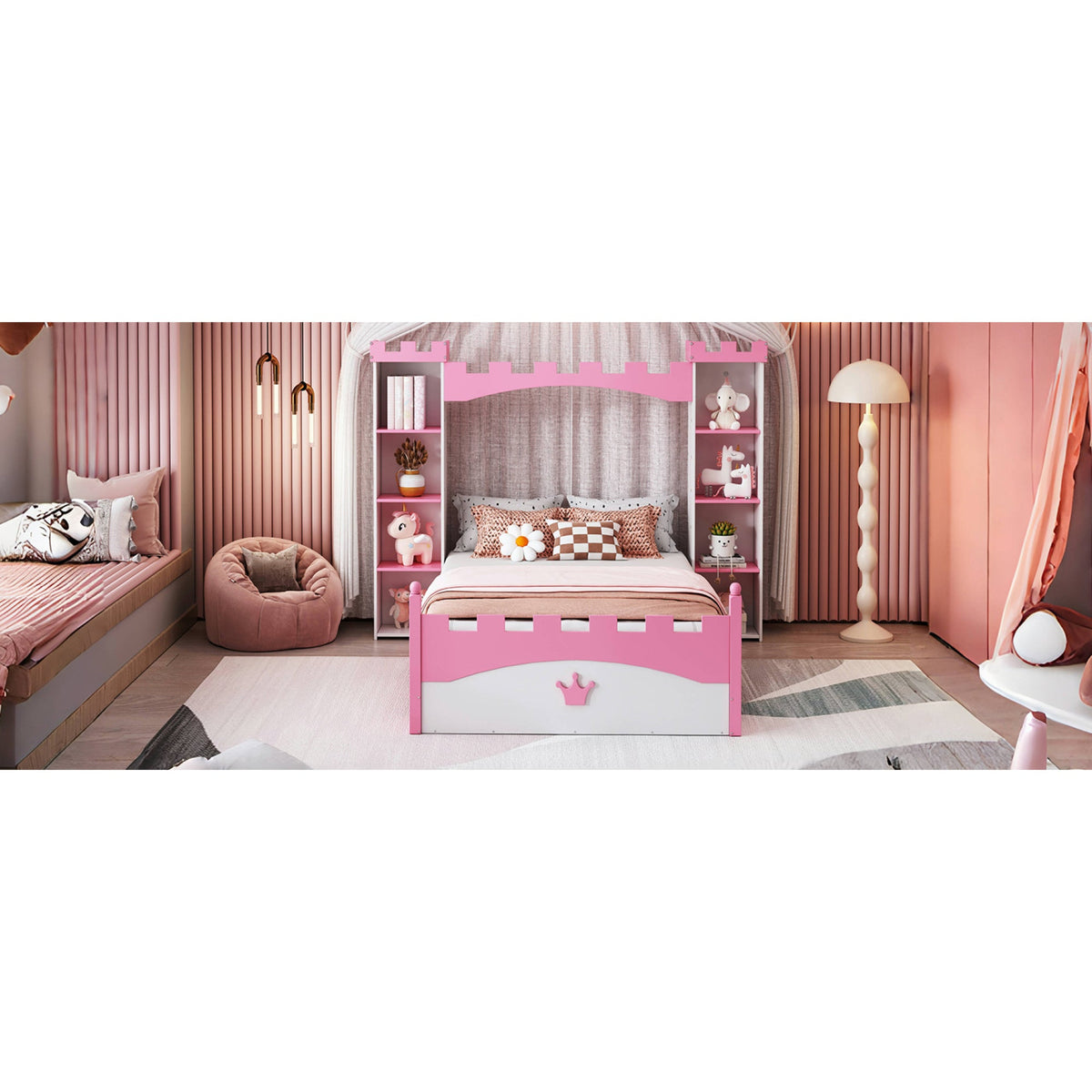 Roomfitters Castle-Shaped Wooden Bed with Storage Shelf, Dreamy Twin Size Platform Bed with Charming Aesthetic, White+Pink