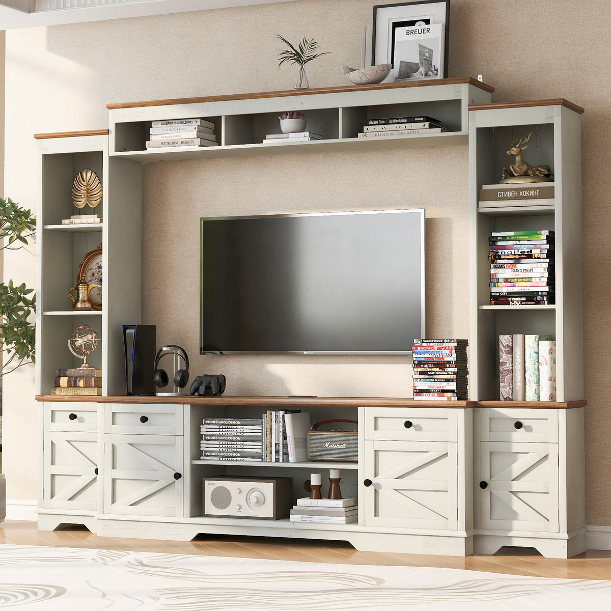 variant-group:rf-n724sj000154aak|Roomfitters 98.8"W Farmhouse Wall Unit Entertainment Center, 4 Barn Doors, White & Walnut