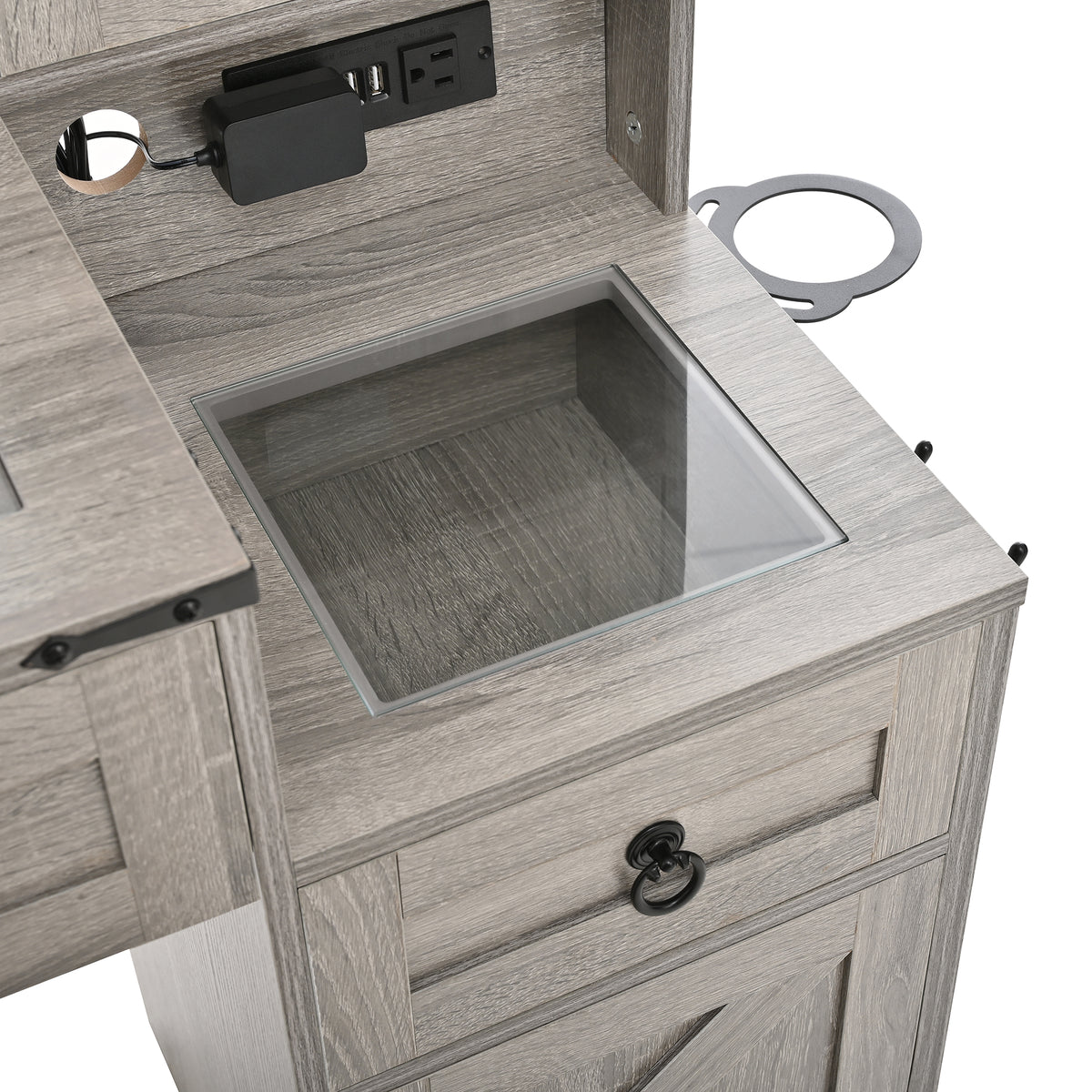variant-group:rf-n733p340562g|Roomfitters Farmhouse Vanity Desk with Sliding Mirror & Lights, Glass Top, Charging Station, 4 Drawers, 2 Cabinets, Stool, Gray