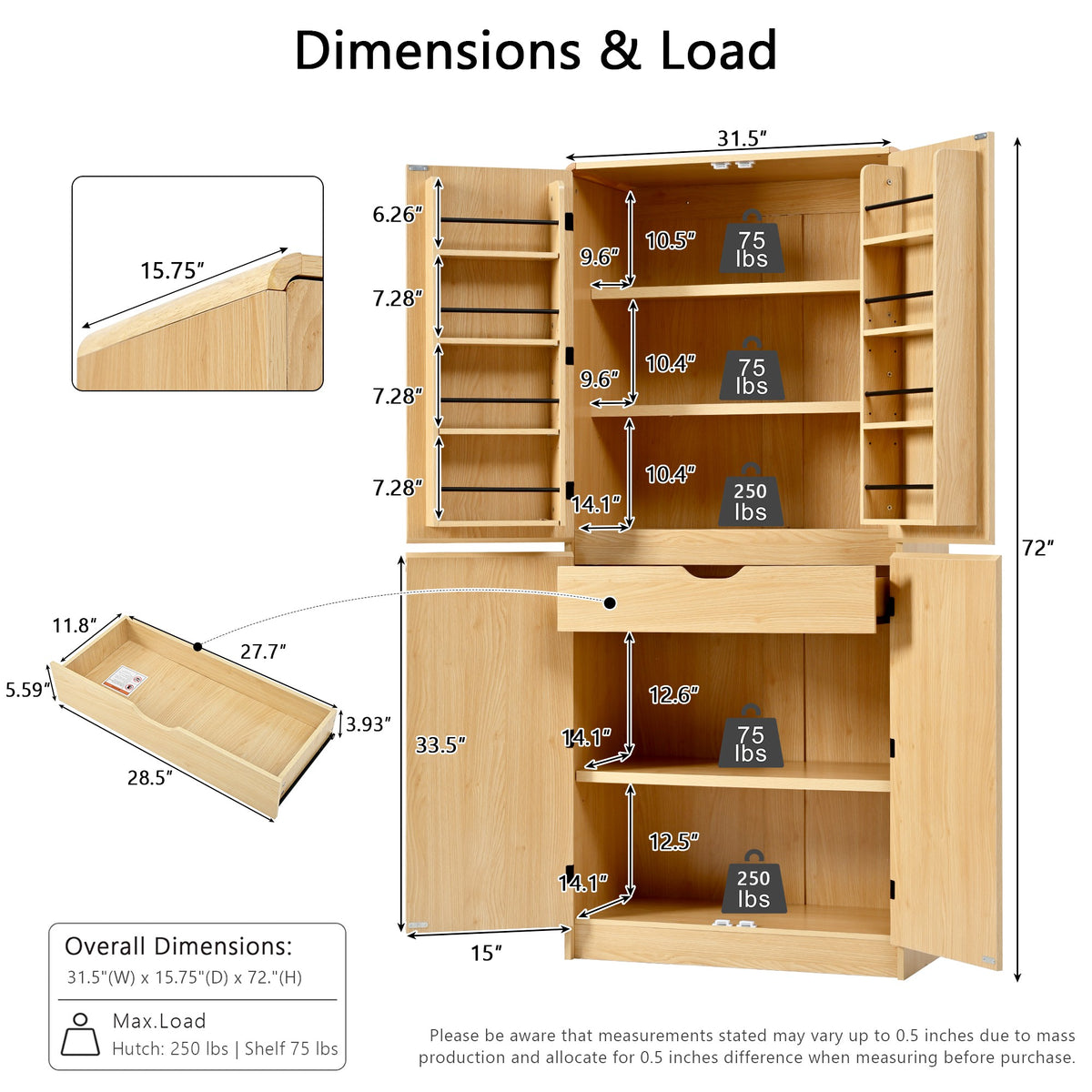 variant-group:rf-n707s000021y|Roomfitters 72" Tall Farmhouse Kitchen Pantry Cabinet with Curved Profile & 8 Door Shelves, Natural Oak