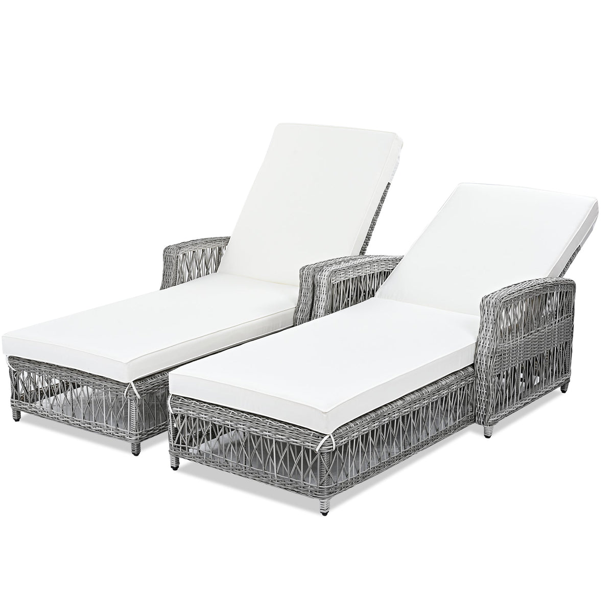 Roomfitters Outdoor Reclining Chaise, Adjustable Wicker Lounge Chair with Armrests & Cushions for poolside, Set of 2, Beige Roomfitters