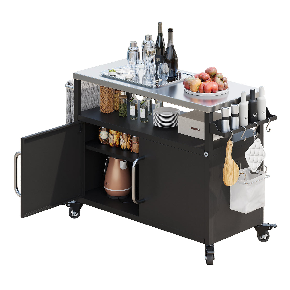 Roomfitters 54.5" Outdoor Kitchen Island with Stainless Steel Top, Rolling Grill Prep Cart with Propane Tank Storage, Black
