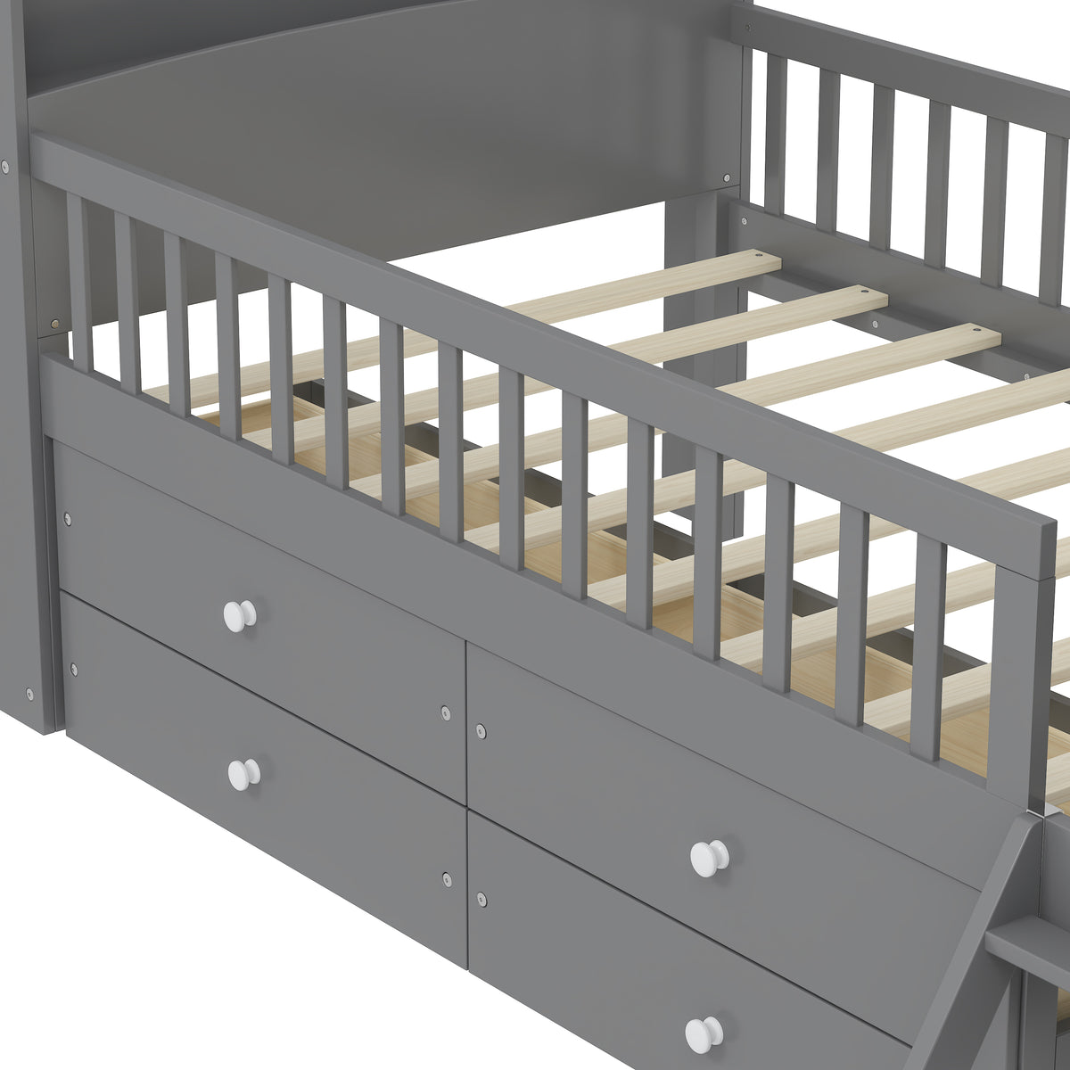 variant-group:rf-n733s278032e|Roomfitters Twin Platform Bed Frame with Four Drawers, Wooden Kids Bed with Guardrail Headboard and Ladder, Gray