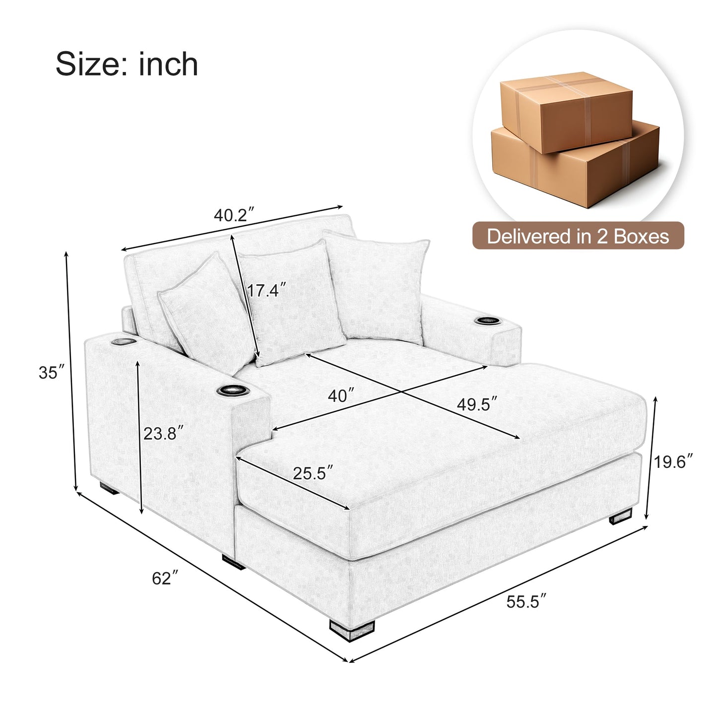 Roomfitters Oversized Chaise Lounger Sofa Couch, Upholstered Accent Chair Charge Station Cup Holders, Blue Gray