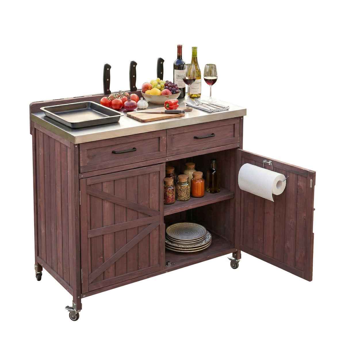 variant-group:rf-n707p370273z|Roomfitters 39.4" Grill Cart, Outdoor Kitchen Island with Stainless Steel Top, BBQ Prep Station with Storage Cabinet, Brown