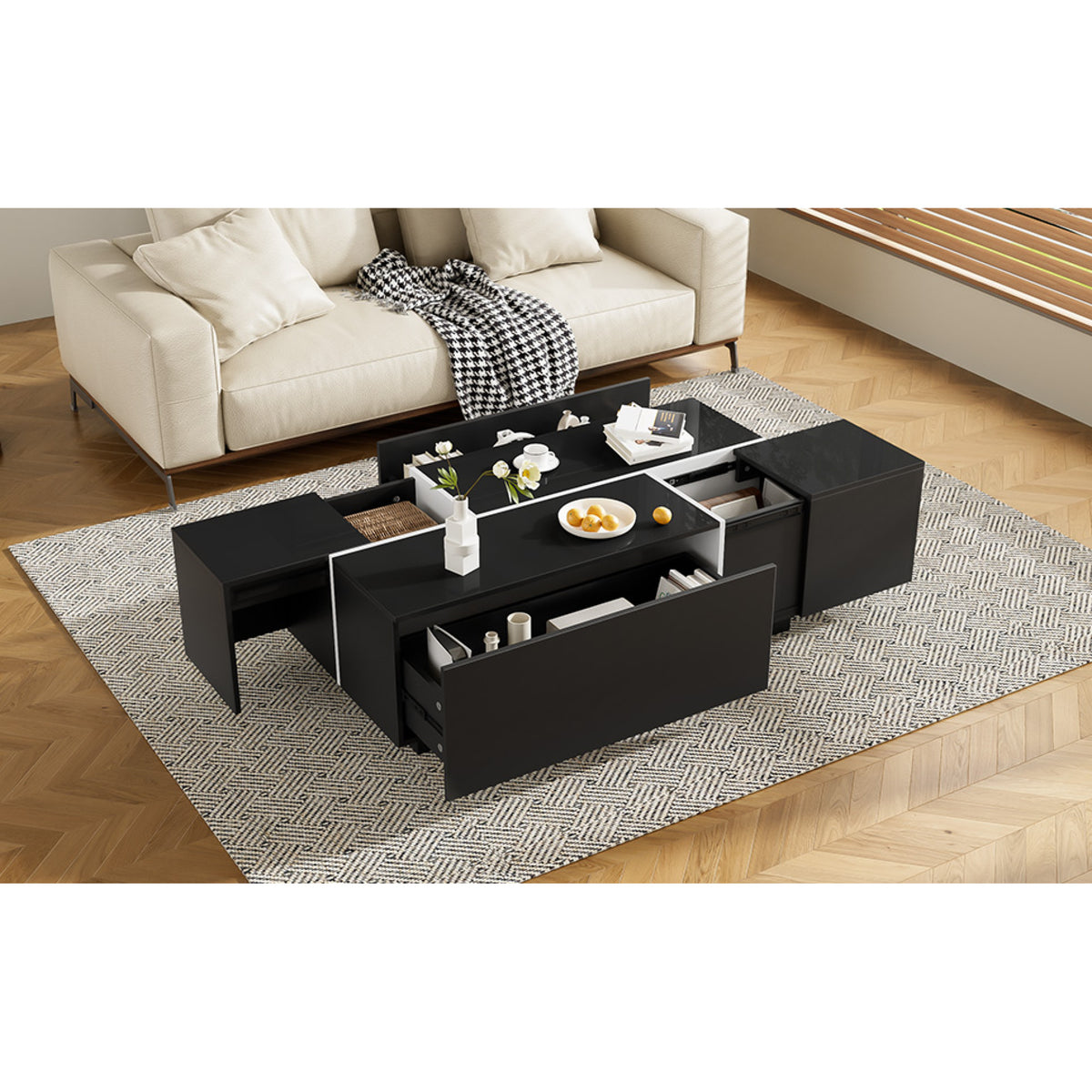 variant-group:rf-n724p292070b|Roomfitters Glossy Extendable Coffee Table with 2 Drawers and Hidden Storage Compartments, Multi-Functional Design, Black