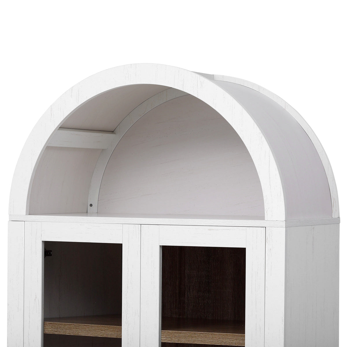 variant-group:rf-n707p288972w|Roomfitters 71" Pantry Cabinet with Arched Top and Glass Doors, 2 Storage Drawers and Adjustable Shelves for Kitchen, White