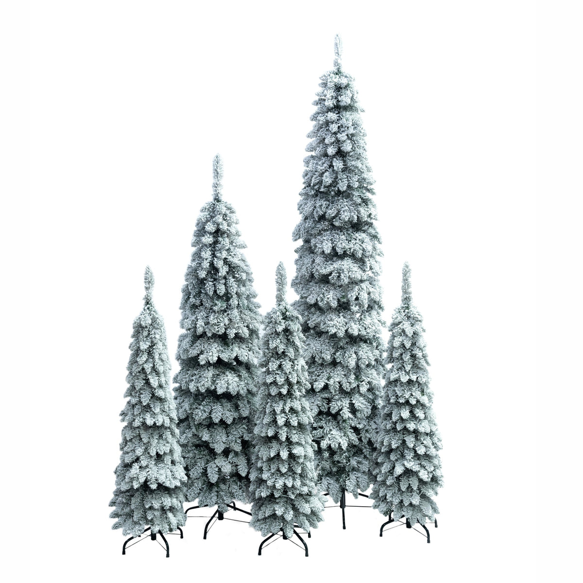 Roomfitters Pre-Lit Pencil Christmas Tree Set 8FT 6FT 4FT, 5-Pack Slim Snow-Flocked Artificial Trees with 1820 Tips, White Roomfitters
