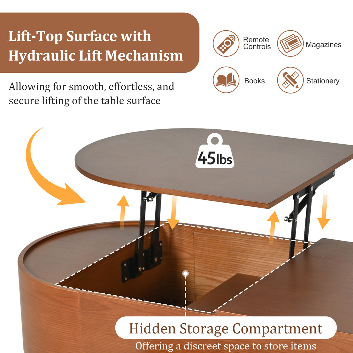 variant-group:rf-n724p228920d|Roomfitters Lift Top Oval Coffee Table with Rotating Marble Tray and Hidden Compartment, Brown
