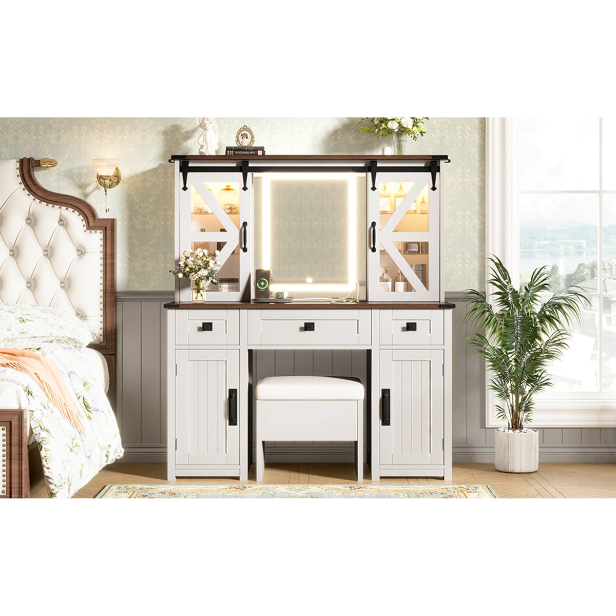 Roomfitters Farmhouse Makeup Vanity Desk with Lighted Mirror, Vanity Table Set with Storage Stool, Charging Station, Beige Roomfitters