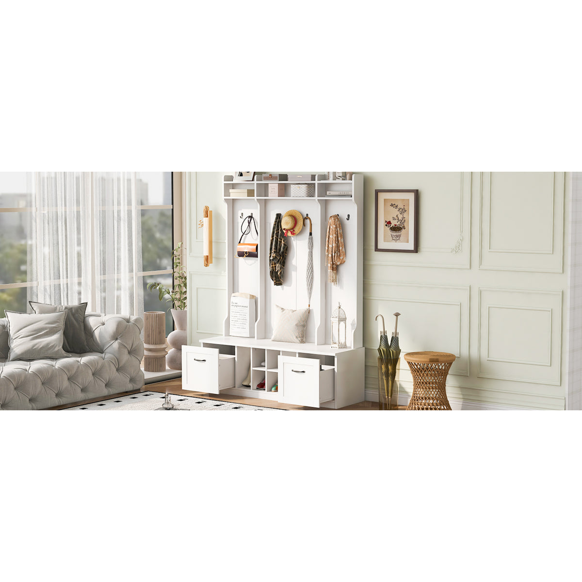 variant-group:rf-n724p235232k|Roomfitters 5-in-1 Entryway Bench with Coat Rack, Hooks, Drawers and Adjustable Shelves, Hall Tree for Hallway or Living Room, White