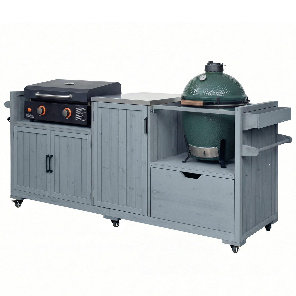 variant-group:rf-n707p392140g|Roomfitters 80.5" Extra Large Grill Cart, Outdoor Kitchen Prep Station with Stainless Steel Top & Kamado Grill Stand, Grey+Blue