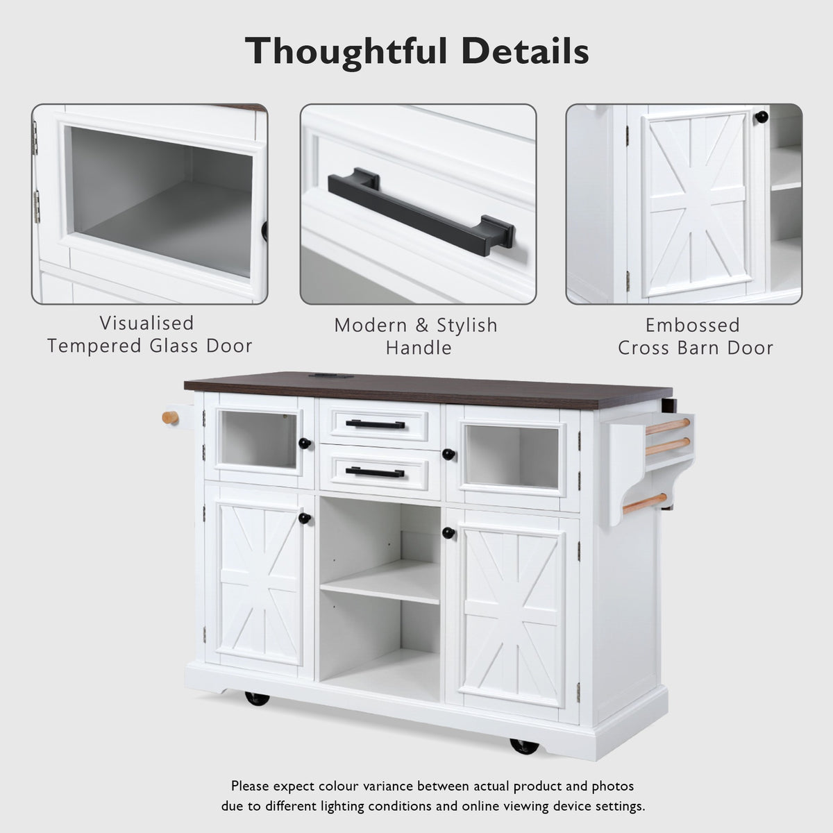 variant-group:rf-n707s300277w|Roomfitters 54.9" Kitchen Island with Drop Leaf, Rolling Kitchen Cart with Barn Door and Glass Door, Storage Cabinet, White