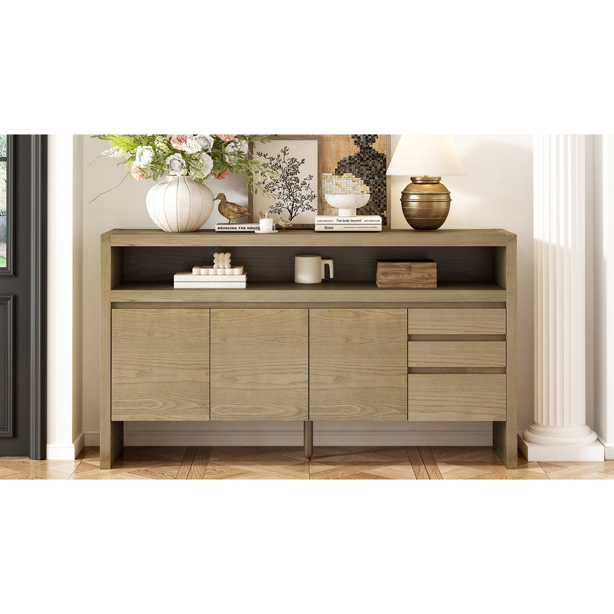 variant-group:rf-n711p289141o|Roomfitters 60" Modern Solid Wood Veneer Sideboard with 3 Doors & 3 Drawers, Open Shelf & Cable Cutout, Large Storage Cabinet for Dining, Hallway, Living Room, Natural