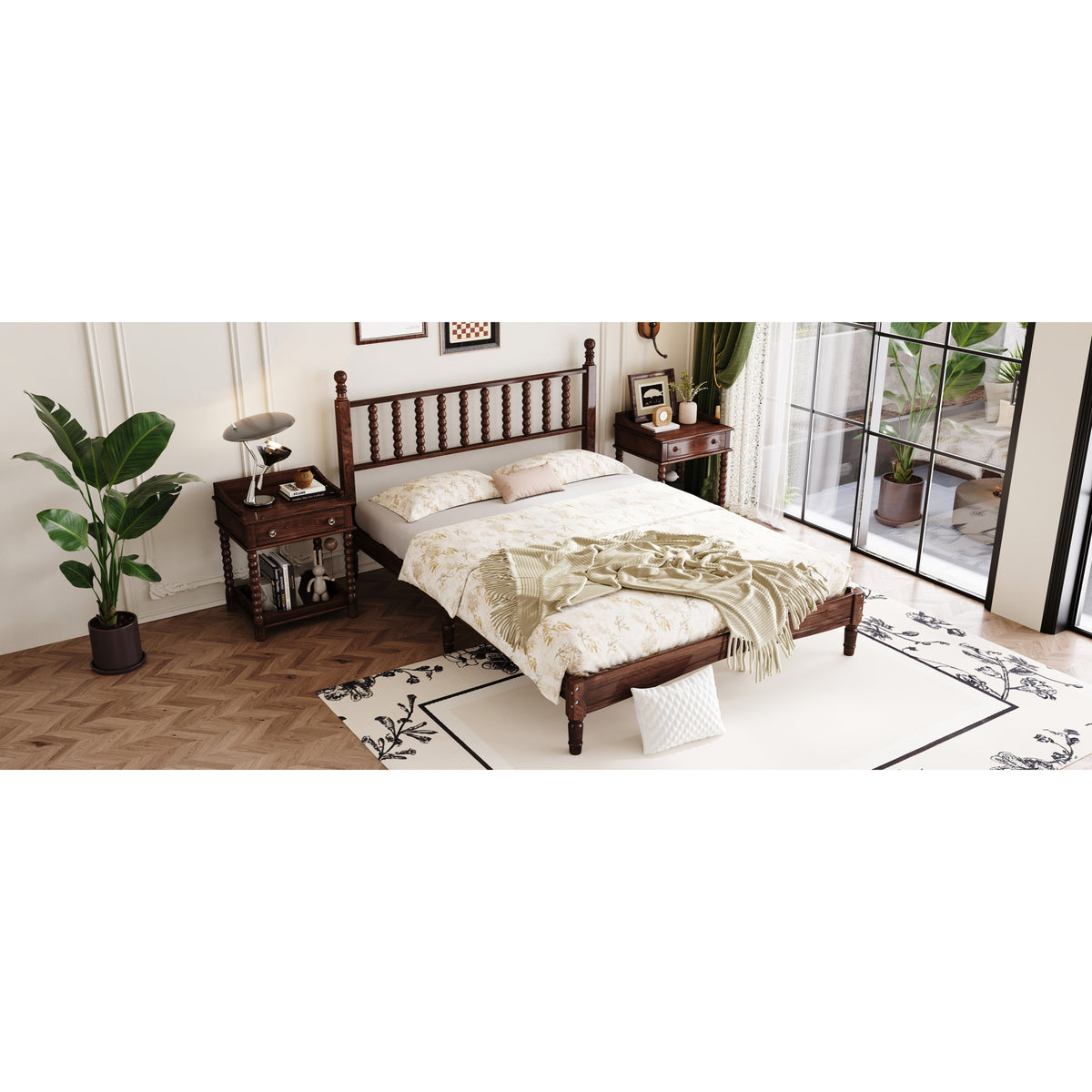 variant-group:rf-n733p206242d|Roomfitters Queen Size Wood Platform Bed with Gourd Shaped Headboard, Retro Style Platform Bed with Wooden Slat Support, Walnut