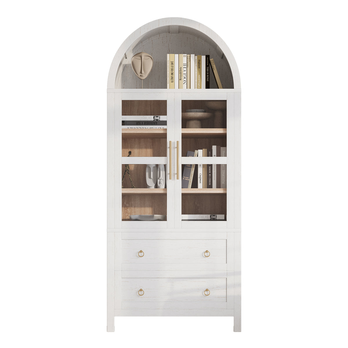 variant-group:rf-n707p288972w|Roomfitters 71" Pantry Cabinet with Arched Top and Glass Doors, 2 Storage Drawers and Adjustable Shelves for Kitchen, White