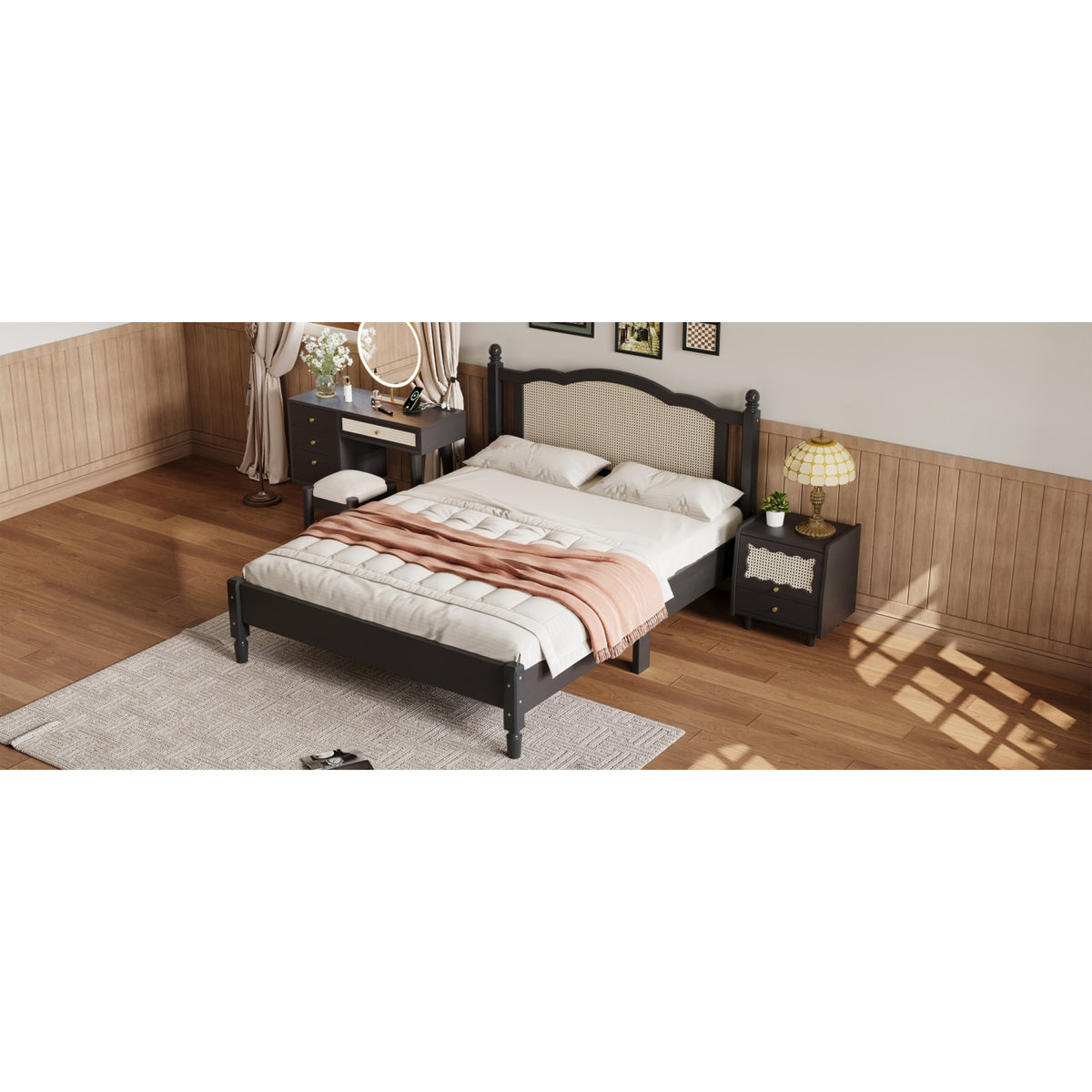 variant-group:rf-n733p180013b|Roomfitters Queen Size Wooden Platform Bed with Natural Rattan Headboard, Vintage-Inspired Bed Frame with Sturdy Wooden Slat Support for Timeless Elegance, Black