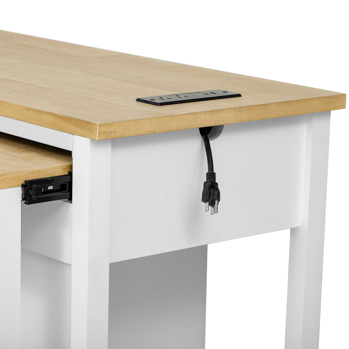 variant-group:rf-n707p215327w|Roomfitters 47" Kitchen Island with Extendable Dining Table, Storage Cabinet, Power Outlet, Rubber Wood Veneer, White