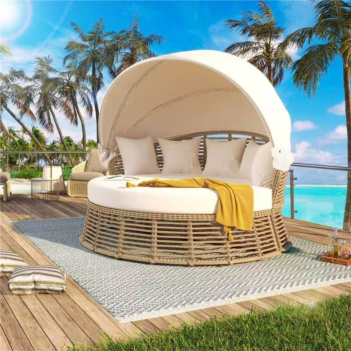 Roomfitters Outdoor Patio Rattan Round Daybed with Retractable Canopy and Removable Wicker Sectional Cushions Roomfitters