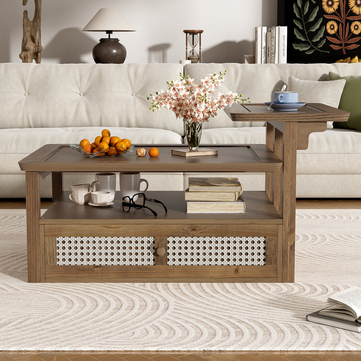variant-group:rf-n724p232190d|Roomfitters Modern Coffee Table with Open Shelf, Dual Tabletops and Rattan Accent Storage, Walnut