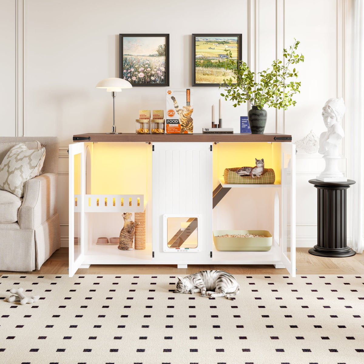 Roomfitters 47-Inch Enclosed Cat Litter Box Furniture Hideaway Cabinet Side Table with Four Mode Door White Roomfitters