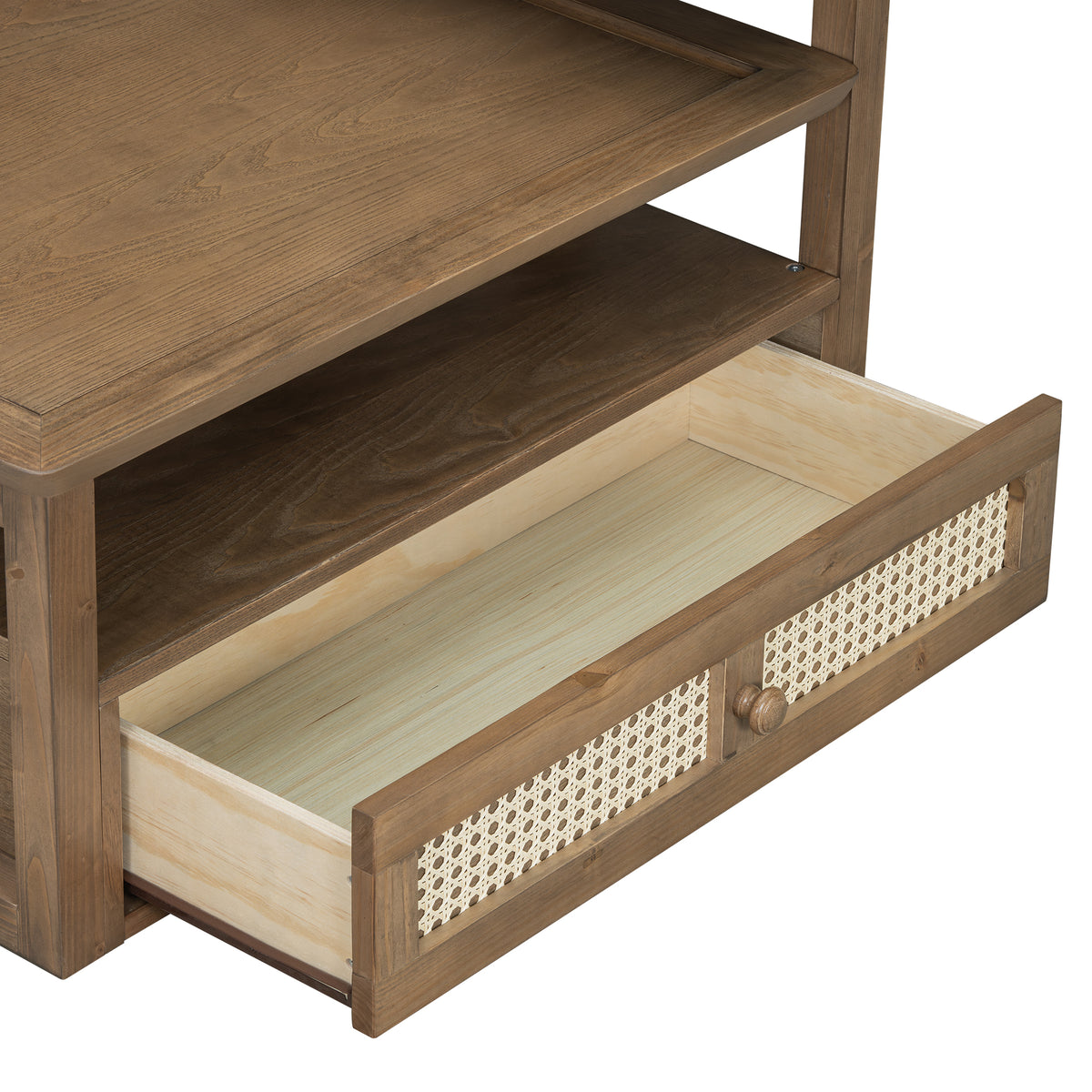 variant-group:rf-n724p232190d|Roomfitters Modern Coffee Table with Open Shelf, Dual Tabletops and Rattan Accent Storage, Walnut