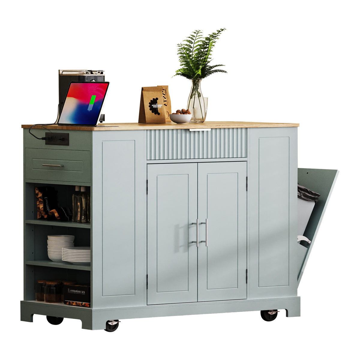variant-group:rf-n707p221571g|Roomfitters Fluted Kitchen Island with Trash Can Cabinet, Power Outlet, Storage Rack, Rolling Cart with Open Side Racks, Grey Blue