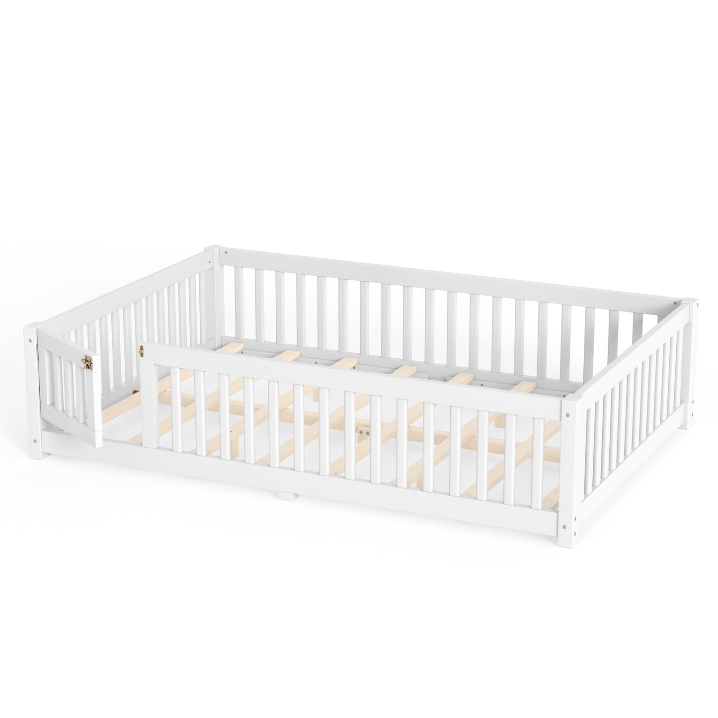 variant-group:rf-w1580p462324|Roomfitters Queen Size Wooden Floor Bed Frame with Safety Guardrails Door, Solid Wood Low Profile Toddler Play Bed, White