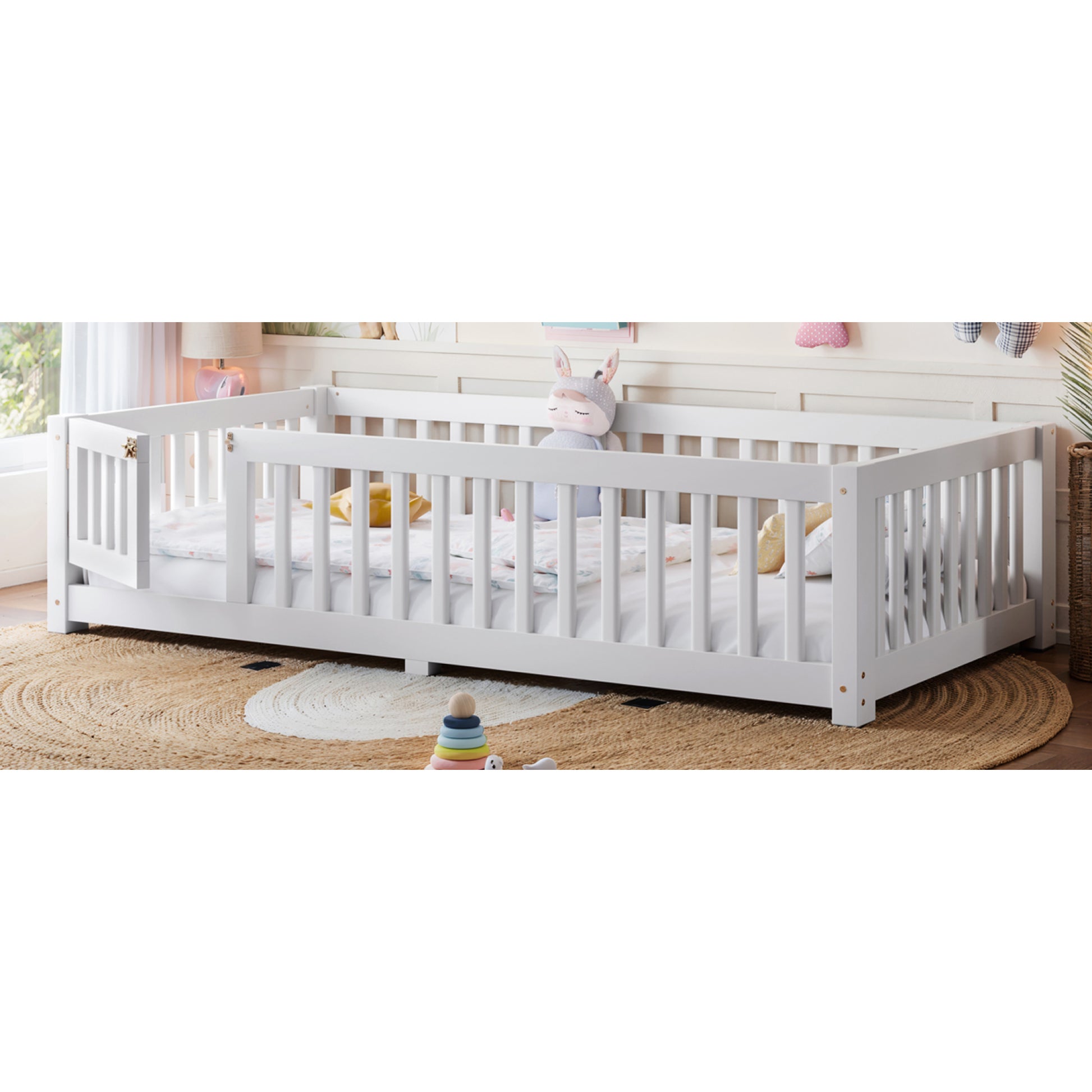 variant-group:rf-w1580p462311|Roomfitters Twin Size Wooden Floor Bed Frame with Safety Guardrails Door, Solid Wood Low Profile Toddler Play Bed, White