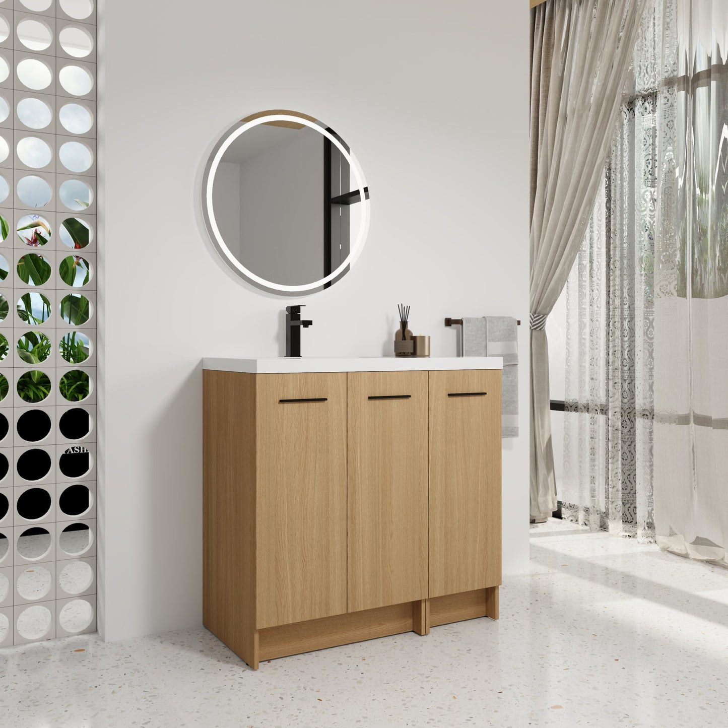 36" Modular Freestanding Bathroom Vanity with 36" Resin Sink Top, Light Oak, 2-Piece Cabinet (24" 2-Door + 12" 1-Door), KD Cabinet, Includes Black & Brushed Aluminum Handles Roomfitters