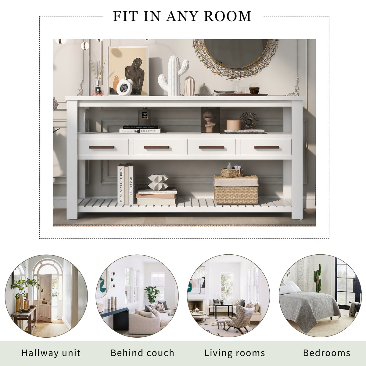 variant-group:rf-n711p410406k|Roomfitters 61.5" Entryway Table with 4 Drawers, 3-Tier Console Sofa Table with Open Shelves for Hallway, White