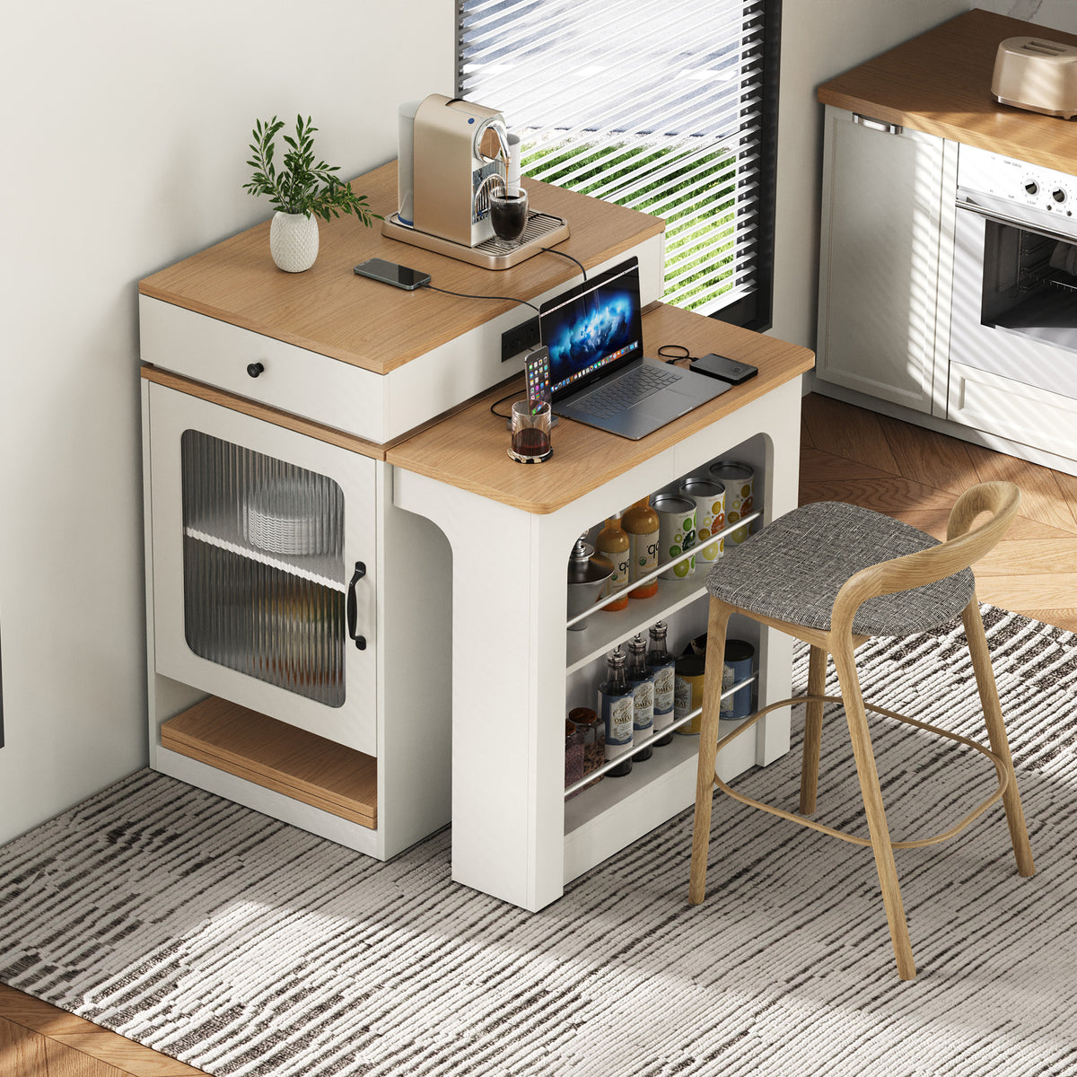 variant-group:rf-n707s000017w|Roomfitters 59.5" Kitchen Island with 41.8" Extendable Dining Table, Double-Sided Storage, Power Outlet, 2 Drawers, White