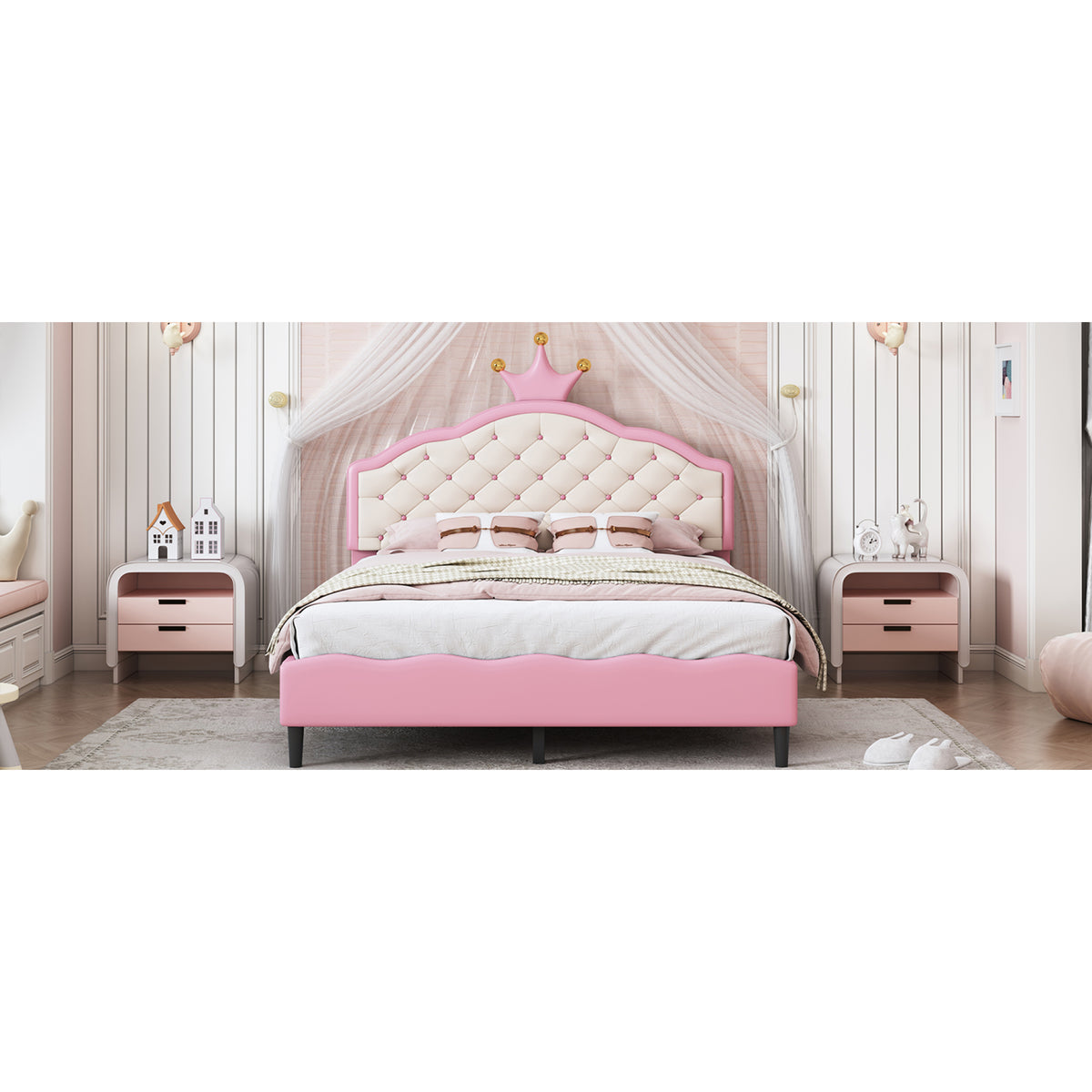 variant-group:rf-n733p198762h|Roomfitters Full Size Upholstered Princess Bed with Crown Design, Elegant PU Leather Platform Bed with Tufted Headboard for a Stylish Bedroom, Pink + Cream