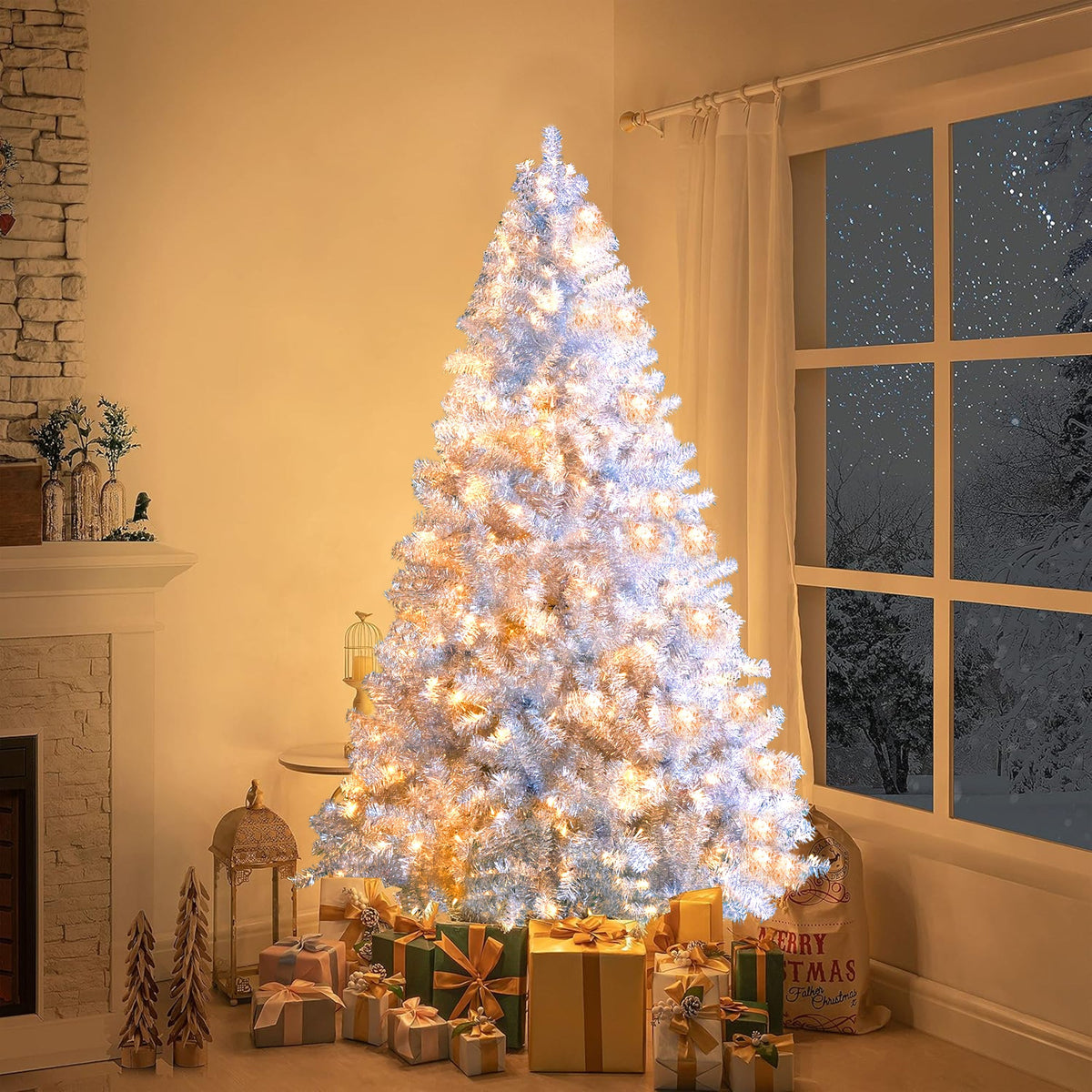 Roomfitters Pre-Lit Artificial Christmas Tree 6FT, Full Hinged Holiday Tree with Metal Stand, Warm Lights, 800 Tips, Silver Roomfitters
