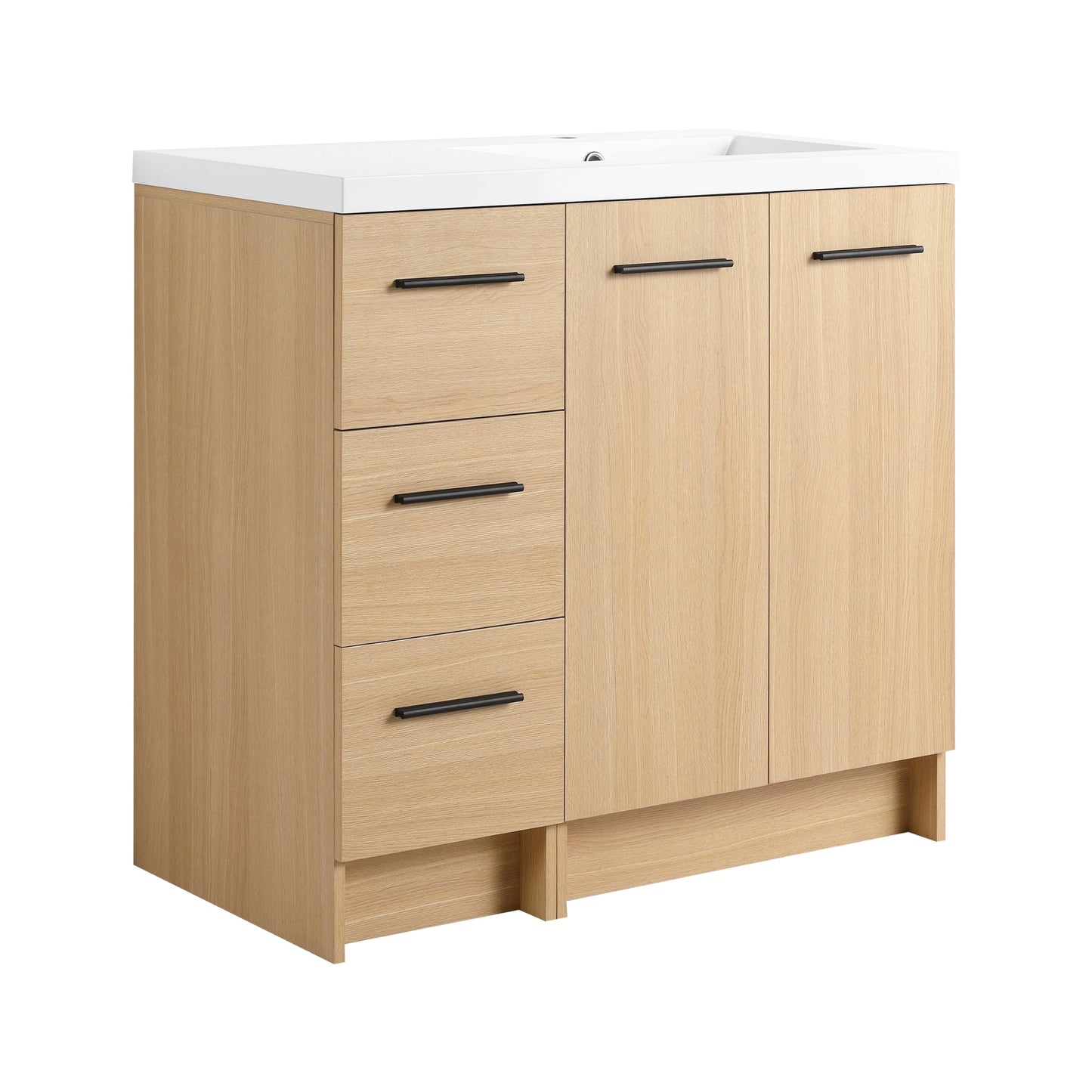 36" Modular Freestanding Bathroom Vanity with 36" Resin Sink Top, Light Oak, 2-Piece Cabinet (24" 2-Door + 12" 3-Drawer), KD Cabinet, Includes Black & Brushed Aluminum Handles Roomfitters