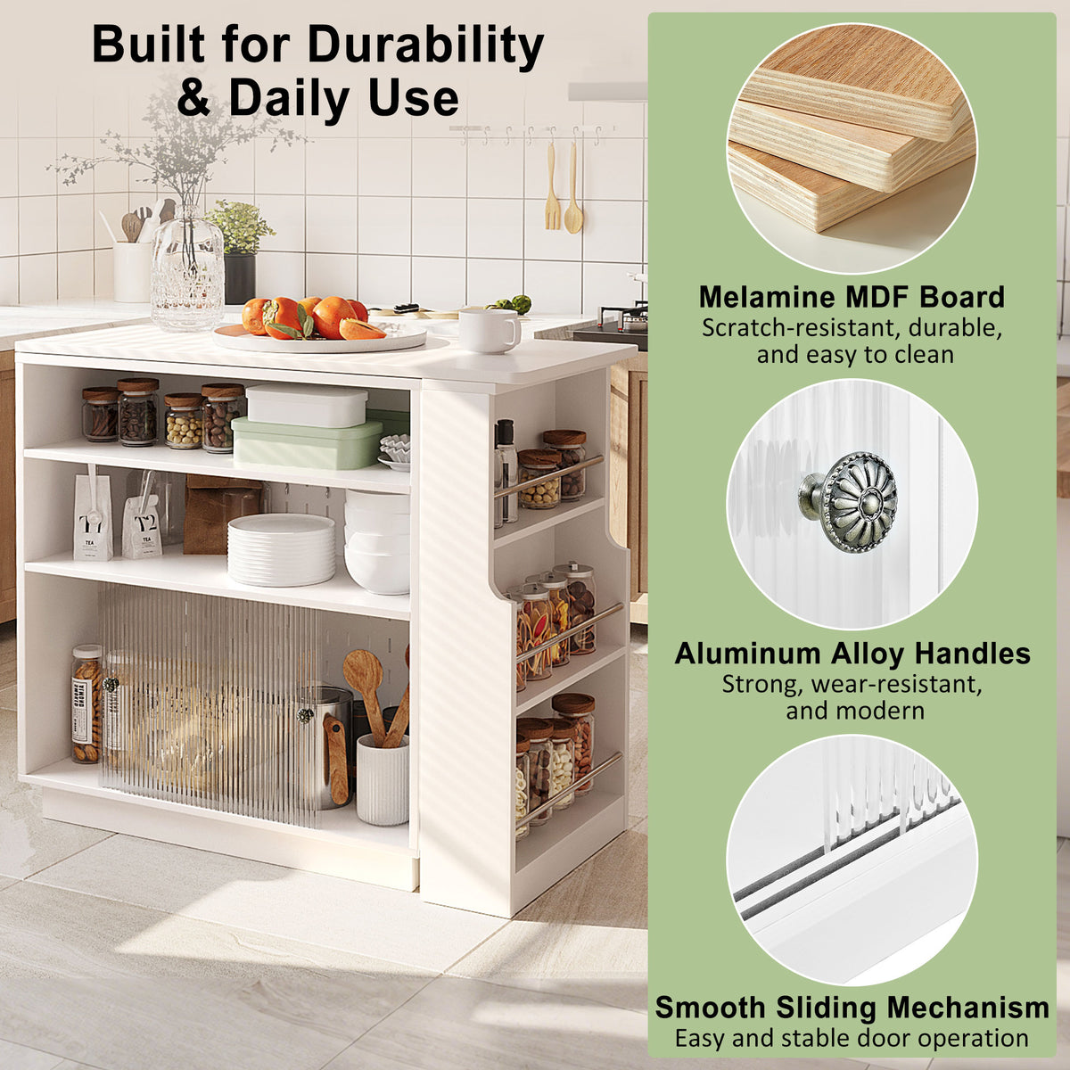 variant-group:rf-n711p437809k|Roomfitters White MDF Counter Height Kitchen Island Sideboard Cabinet, Extendable Table, Acrylic Sliding Doors