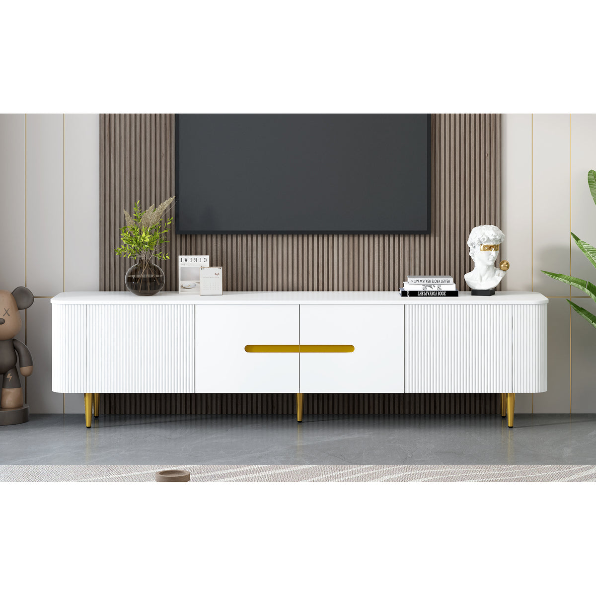 variant-group:rf-n724sj000143aak|Roomfitters Minimalist TV Stand for up to 85 Inch TV, Entertainment Center with Four Spacious Cabinets, White