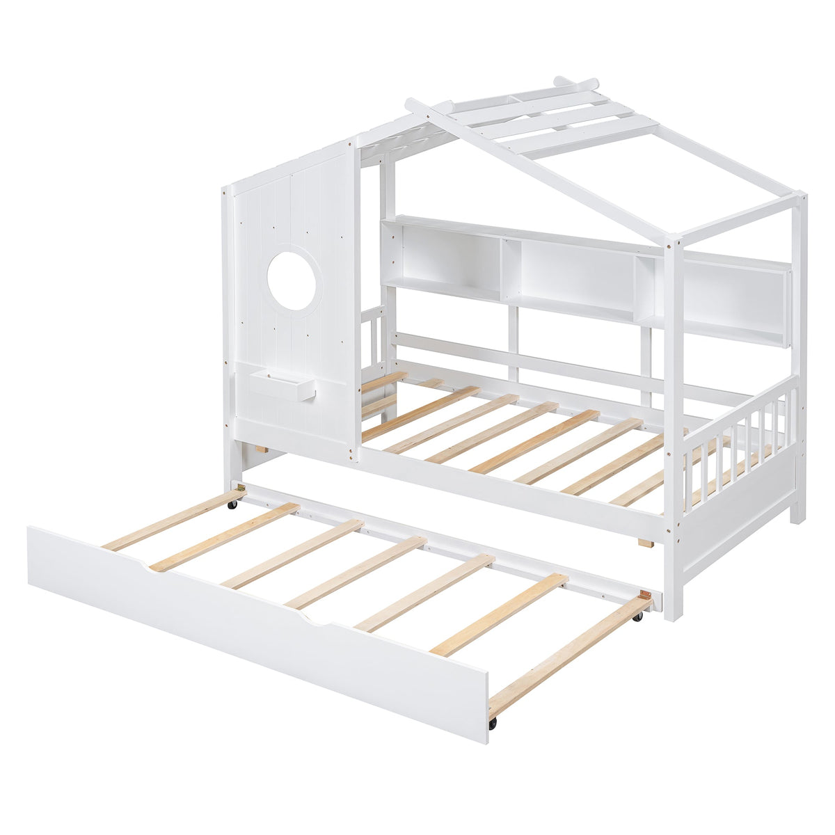 Roomfitters Wooden Twin Size House Bed with Trundle and Storage Shelf, White