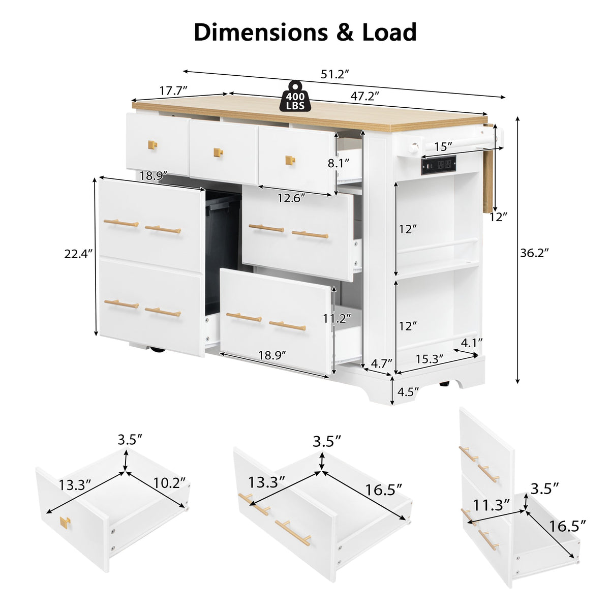 variant-group:rf-n707s307292w|Roomfitters 51" Kitchen Island with Power Outlet and Drop Leaf, Rolling Cabinet with Pull-Out Trash Can Drawer, White