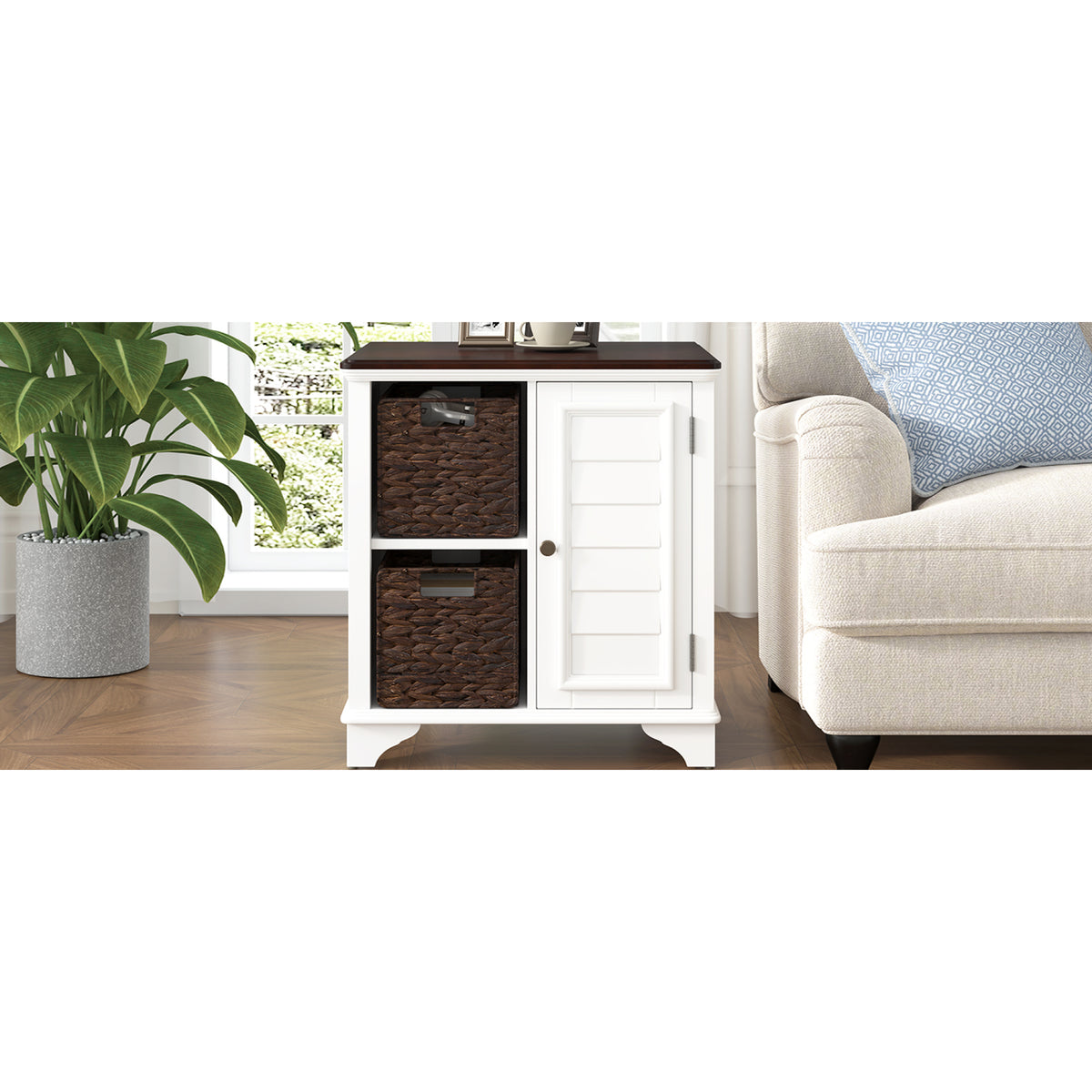 variant-group:rf-n724p401353k|Roomfitters American Style Louvered Side End Table with 2 Grass Storage Baskets, White