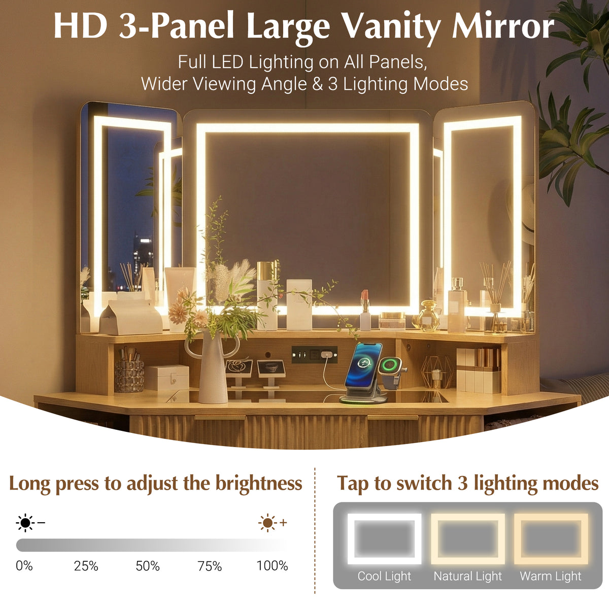 variant-group:rf-n704p392485n|Roomfitters 47.2" Corner Makeup Vanity Desk with 3-Panel LED Mirror, Glass Top, Charging Station and Storage Hutch, Oak