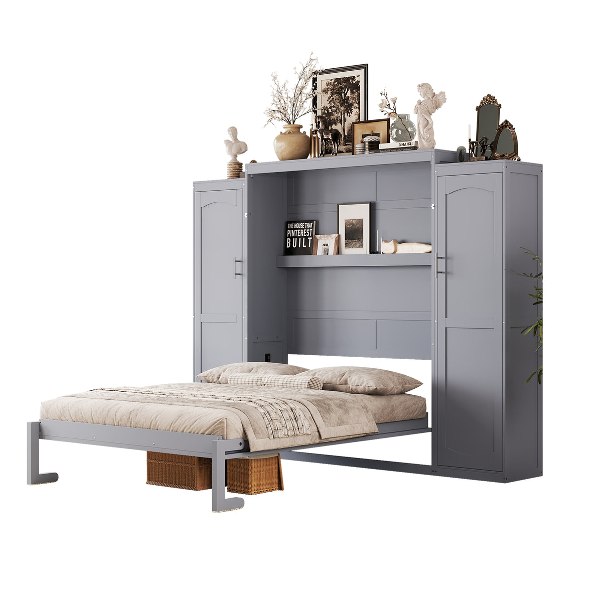 variant-group:rf-n733s235596e|Roomfitters Full Murphy Wall Bed with Two Wardrobes and Storage Shelf, Foldable Platform Bed Frame for Guest Room, Gray