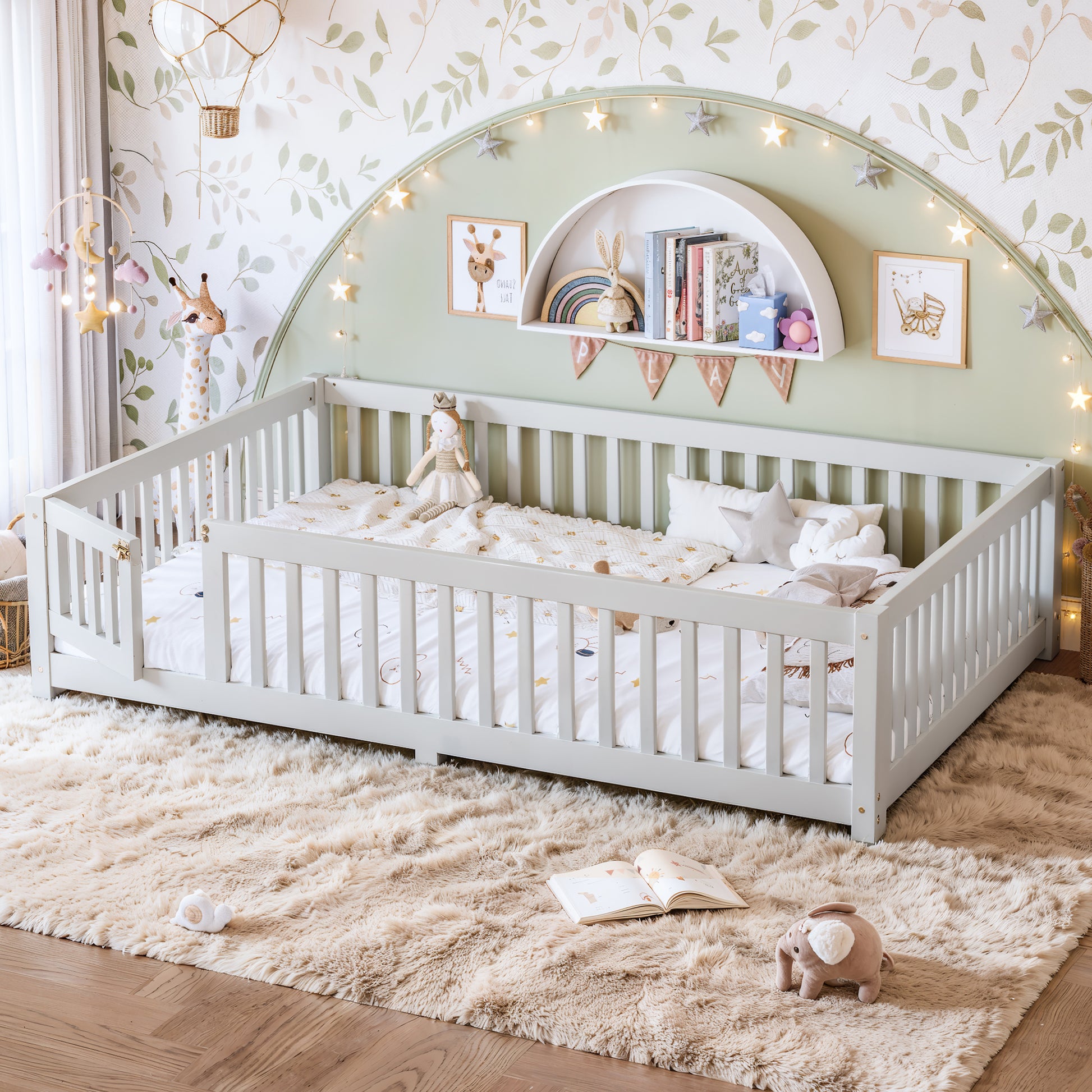 variant-group:rf-w1580p462324|Roomfitters Queen Size Wooden Floor Bed Frame with Safety Guardrails Door, Solid Wood Low Profile Toddler Play Bed, White