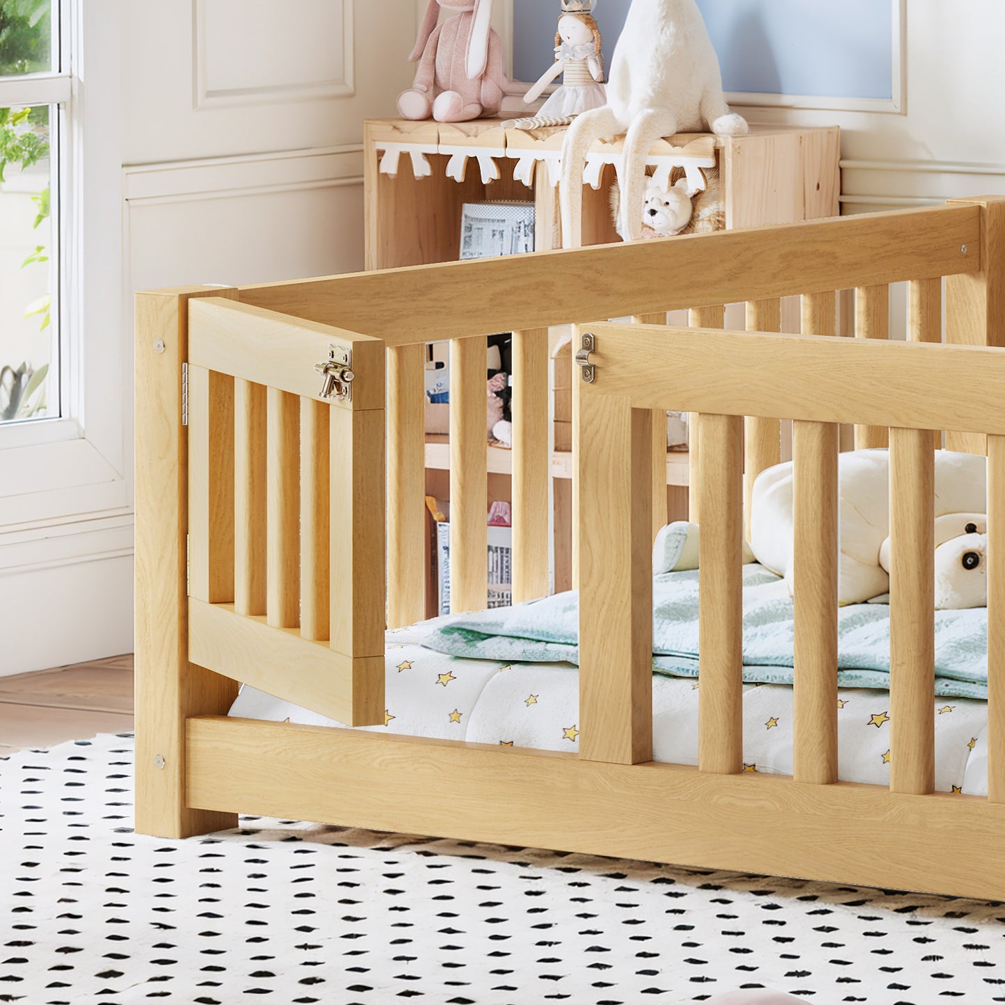 variant-group:rf-w1580p462323|Roomfitters Full Size Wooden Floor Bed Frame with Safety Guardrails Door, Solid Wood Low Profile Toddler Play Bed, Natural