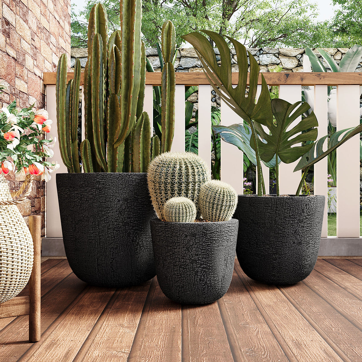 variant-group:rf-n711p406660b|Roomfitters Lightweight MGO Planter Set of 3, Round Weather Resistant Outdoor Indoor Flower Pots for Garden Patio, Black